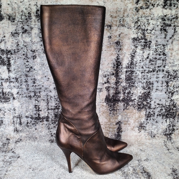 Jimmy Choo Women's Tall Heeled Boot Zipper Bronze Size 37.5/7.5 - Picture 1 of 15